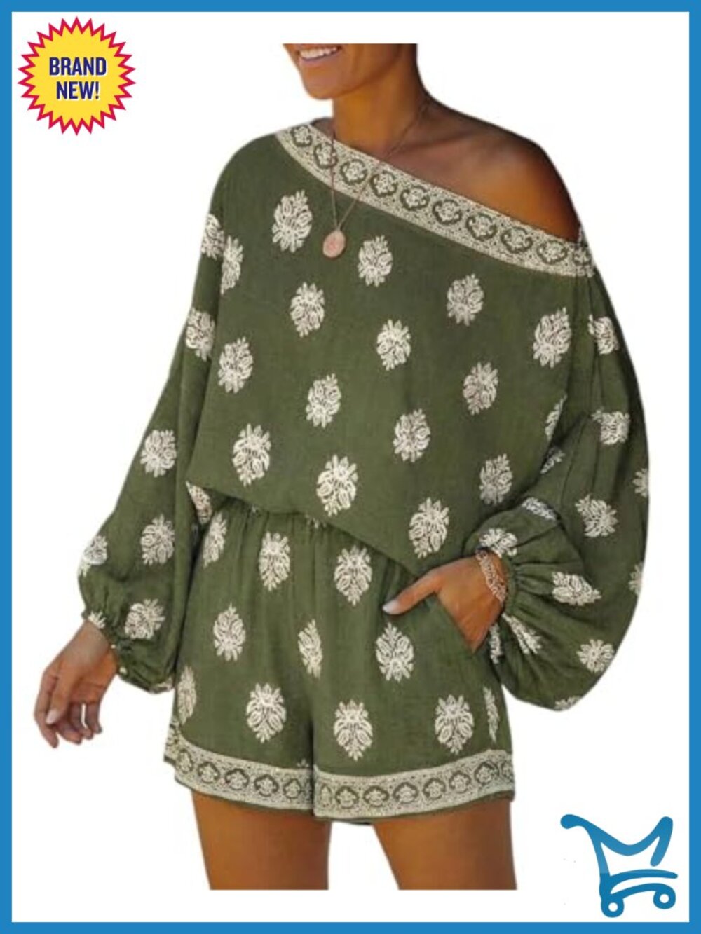 2 Piece Boho Outfit Lantern Sleeve Linen Top and Shorts Set Beach Vacation